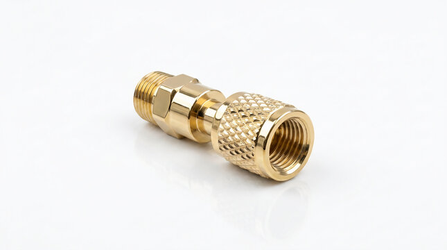 Brass gold plated coaxial adapter RF connector for high frequency telecommunications signal transmission isolated on white