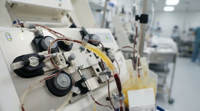 Medical plateletpheresis machine processing blood components. High-tech apheresis device separating plasma and platelets in clinical setting.