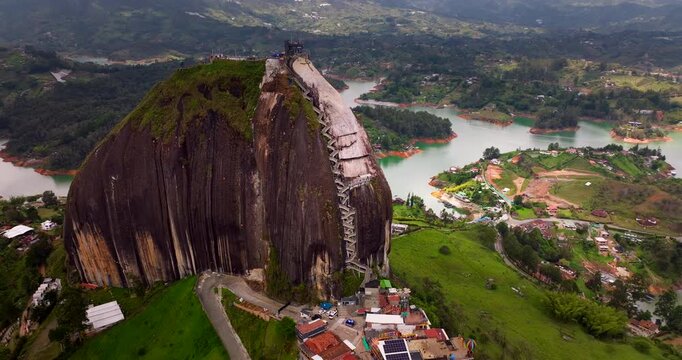 Steep staircase ascending The Rock of Guatap&eacute; inselberg in Colombia. Aerial view