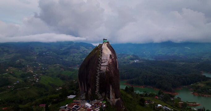 Iconic landmark El Pe&ntilde;ol inselberg in Guatape with vertical stairs. Drone