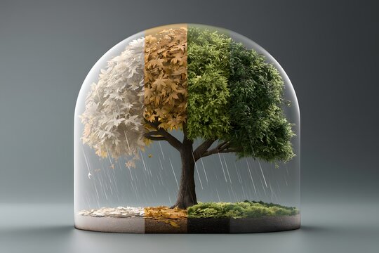 A solitary tree showcases the distinct beauty and progression of all four seasons under a protective glass dome.