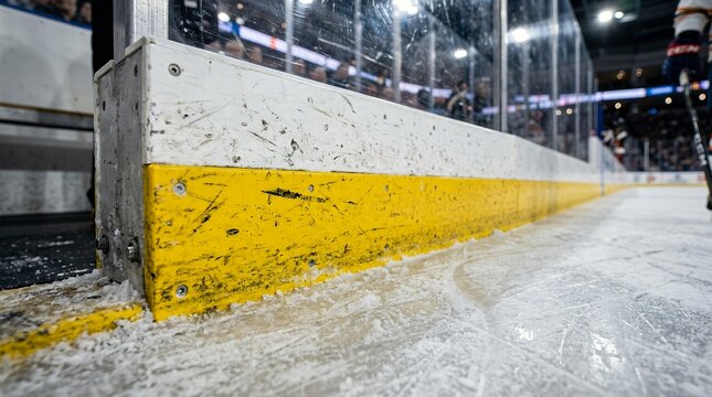 Hockey dasher board with yellow kick plate. Scuffed rink barrier on frozen ice surface.