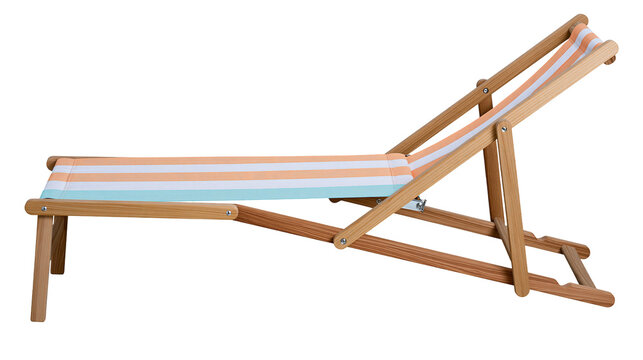 Wooden beach chair with pastel striped fabric, isolated on transparent background