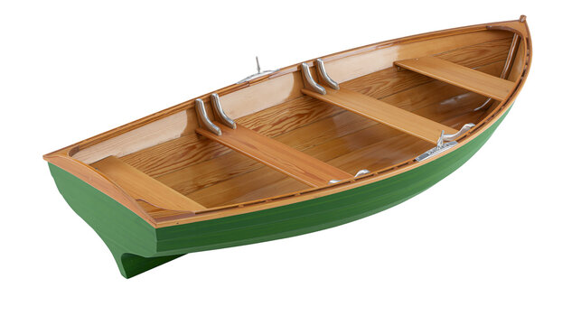 Wooden rowboat with green hull and wooden seats, isolated on transparent background