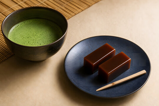 Brown Sugar Yokan with Matcha Tea, Traditional Japanese Sweets