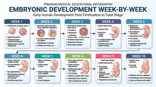 Embryonic development week-by-week medical infographic, early human development from fertilization to fetal stage, pregnancy timeline chart
