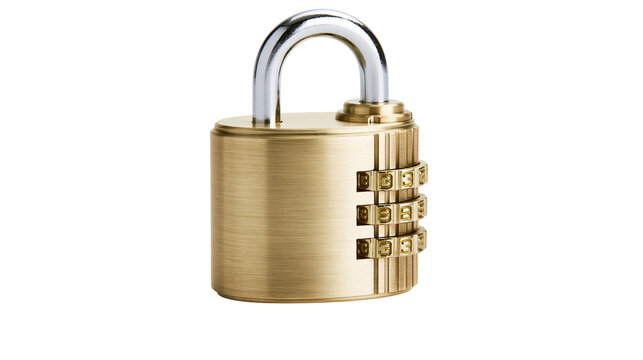 Brass combination padlock with chrome shackle, isolated on transparent background