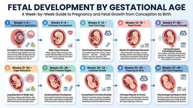 Fetal development by gestational age infographic, week-by-week guide to pregnancy stages, medical illustration of fetal growth from conception to birth