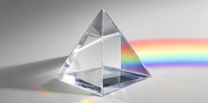 Clear glass pyramid refracting bright light into a colorful rainbow spectrum on a clean white surface with refraction spectrum transparent colorful reflection geometric background