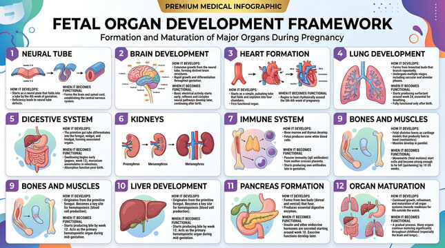 Fetal organ development framework infographic, medical pregnancy chart showing formation and maturation of major organs, human anatomy educational poster