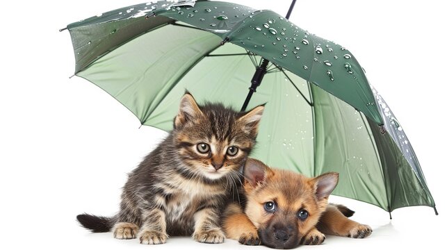 Cute Kitten and Puppy Under Umbrella Isolated on White Background, Pet Protection Concept