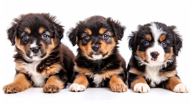 Three Cute Fluffy Puppies Sitting Together Isolated on White Background, Adorable Baby Dogs Portrait