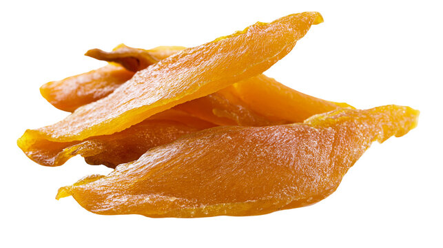 Golden dried mango slices with slightly wrinkled texture, isolated on transparent background