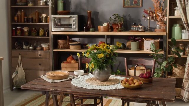 Rustic wooden dining table presenting freshly baked pie, fresh peaches, and yellow wildflowers in ceramic vase. Clip is ideal for autumn holiday promotions or rustic home decor advertisements