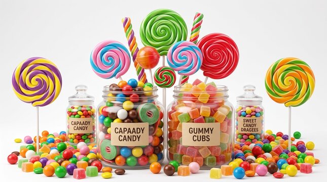 Vibrant colorful lollipops and gummy candies in glass jars on white background for joyful festive party dessert shop marketing