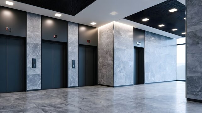 Modern elevator lobby featuring sleek black doors set against gray marble walls under bright ceiling lights