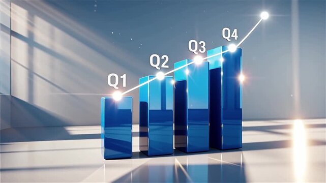 Quarterly business growth bar chart with rising trend line in a bright modern office interior space