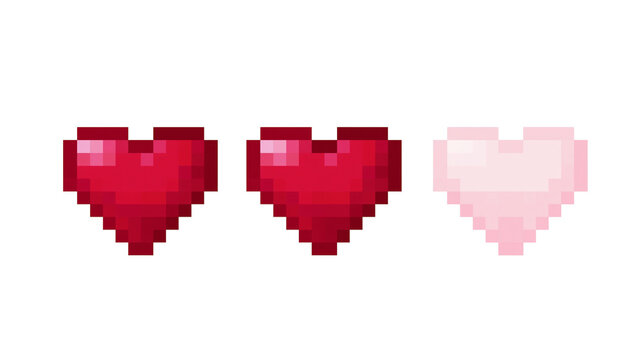 Two full red pixelated hearts and one empty pink pixelated heart, isolated on transparent background