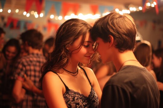 Teenagers Holding Hands and Dancing Slowly at School Event