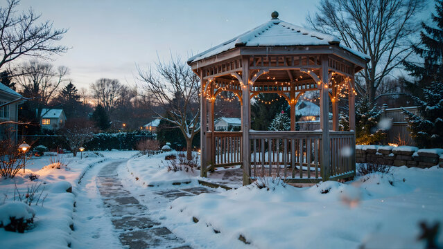 Snowy garden scene with a wooden gazebo decorated with glowing fairy lights at twilight, winter landscape with a stone path and bare trees