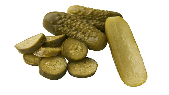 Whole and sliced dill pickles, isolated on transparent background