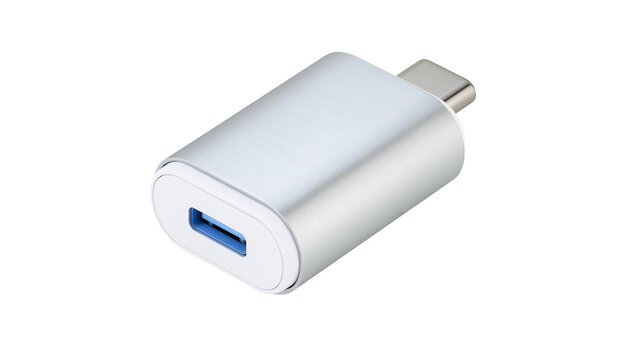 Silver USB-C to USB-A adapter with blue USB port, isolated on transparent background