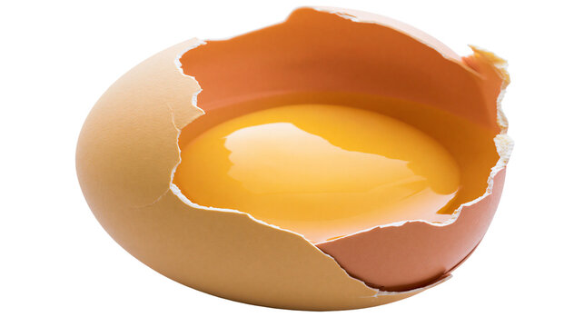 Broken brown egg with bright yellow yolk, isolated on transparent background