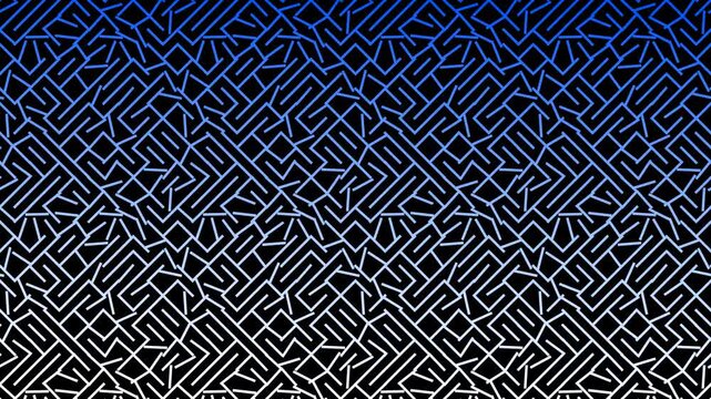 Abstract digital motion background featuring a blue and white geometric maze pattern with shifting gradients on a black backdrop.