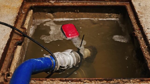 Submersible pump draining stagnant water from a concrete floor trench.