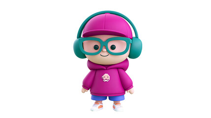 Cute cartoon character with pink hoodie and headphones, isolated on transparent background