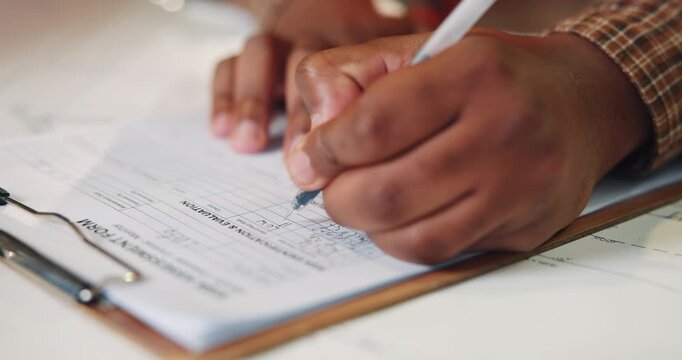 Person, hands and writing with clipboard for form, business logistics or shipping evaluation. Closeup, employee or supplier taking notes with feedback for checklist, quality assurance or distribution
