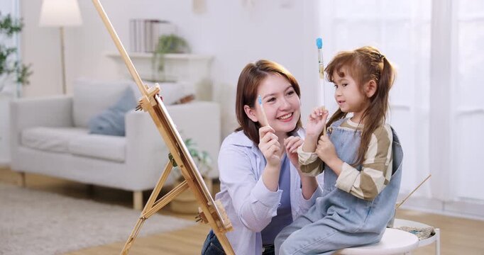 Asian single mother helps kindergarten daughter hold brush, steady stroke across canvas on easel, weekend parent child quality time at home, supportive parenting, learning through play, joy together