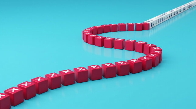 Red cubes with white crosses form a curved line, contrasting with a white line of cubes with blue arrows, symbolizing divergence or a change in direction, on a blue background
