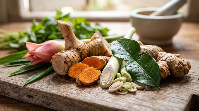 Herbs and spices on wooden board