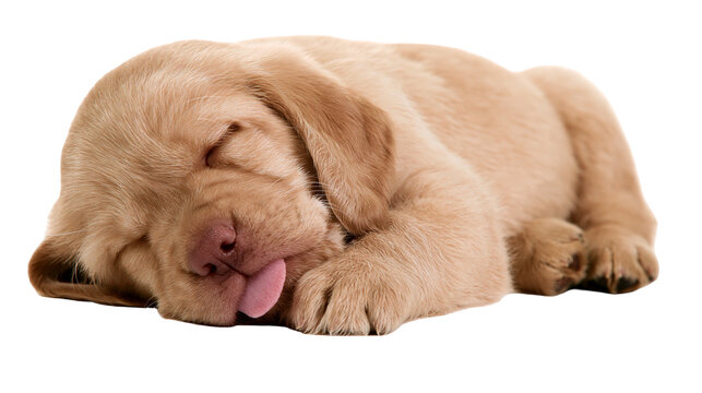 Adorable light brown puppy sleeping with tongue sticking out, isolated on transparent background