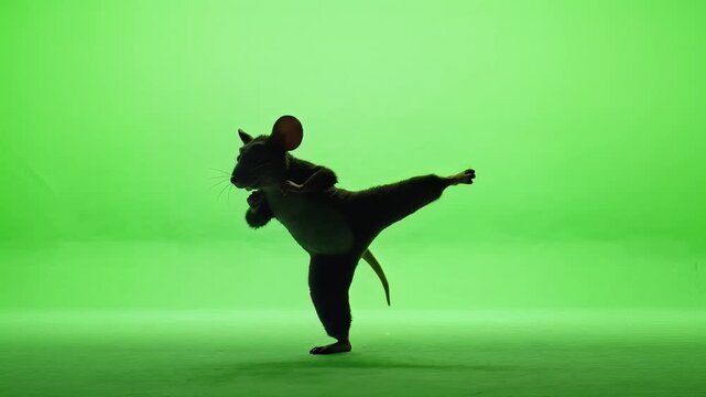 Funny 3D Animated Mouse Doing Karate Silhouette on Green Screen