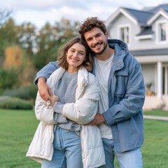 Fototapeta premium Cozy couple smiles warmly, embracing on a green lawn