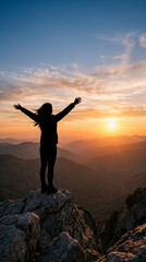 Fototapeta premium Silhouette of a person with arms outstretched on a rock at sunset, symbolizing achievement, freedom, and triumph.