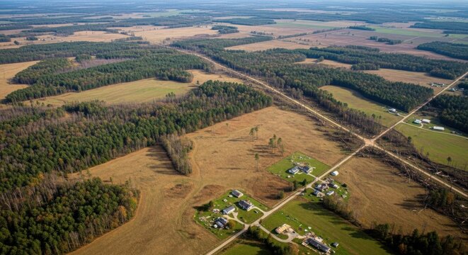 Aerial view of mixed woodland and farmland with rural settlements and roads, showcasing agricultural landscape and community development