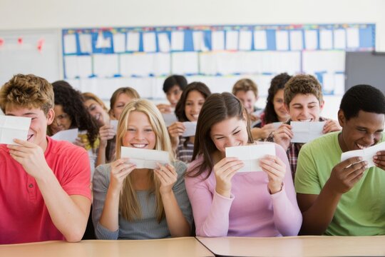 Youth Having Fun Secretly Exchanging Notes and Laughing in School