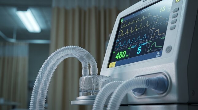 Intensive care unit mechanical ventilator machine screen showing vital signs and breathing parameters.