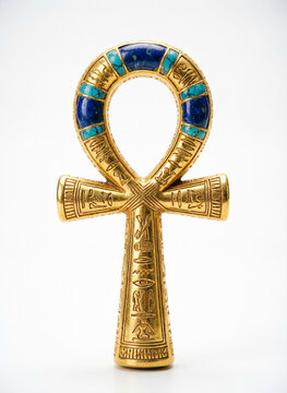 ancient gold egyptian ankh with turquoise and lapis lazuli inlays