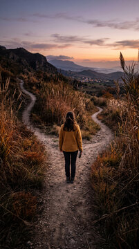 Woman standing at a fork in a dusty path during a colorful twilight, symbolizing a crossroads or decision, with hills and a village in the distance
