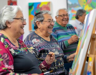 Obraz premium Grupo de personas mayores participando en un taller de pintura. Colores vibrantes, enfoque en la creatividad y socialización alegre