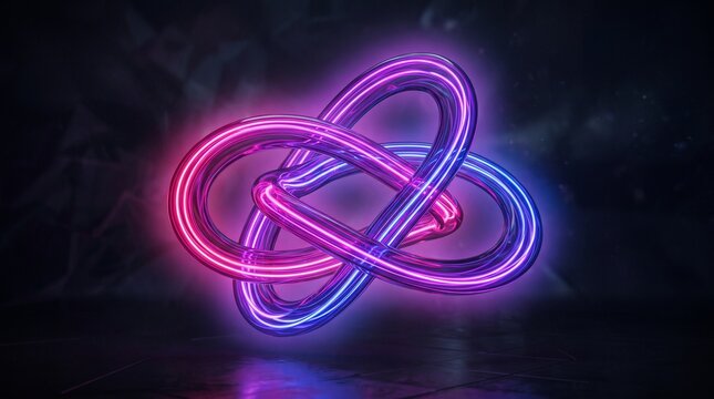 Glowing neon light loops in dark space. Abstract 3D torus shape with vibrant purple glow.