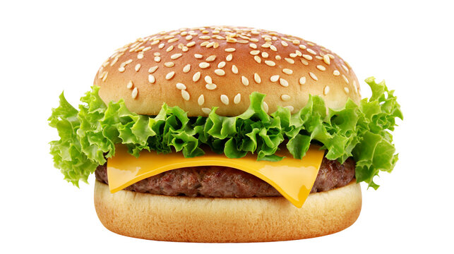 Juicy beef burger with melted cheese and fresh lettuce, isolated on transparent background