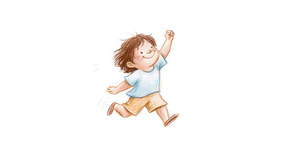 Joyful boy in light blue t-shirt and tan shorts running, isolated on transparent background