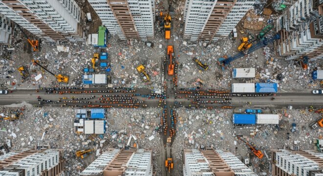 Aerial View of Urban Rescue Teams Mobilizing Amidst Earthquake Debris and Damaged Buildings