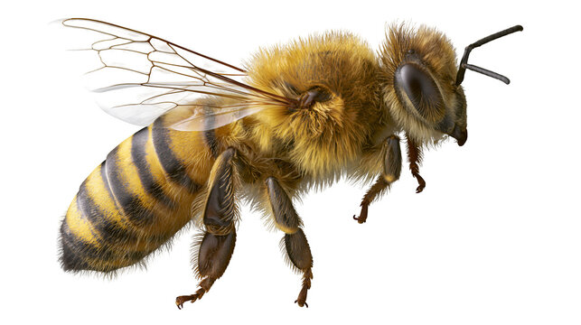 Detailed fuzzy honey bee with striped abdomen, isolated on transparent background