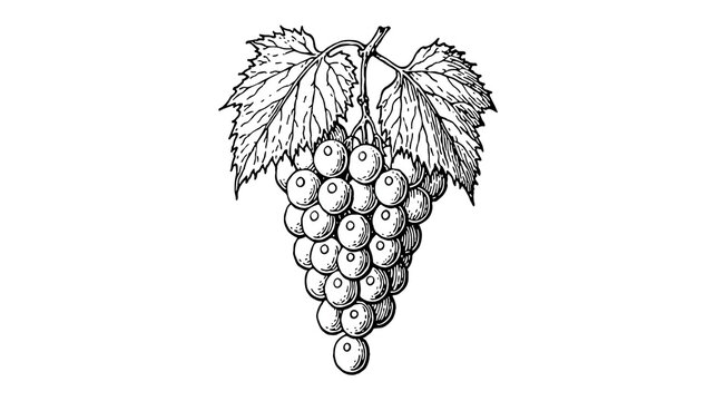 Detailed black ink sketch of a ripe grape cluster with leaves, isolated on transparent background